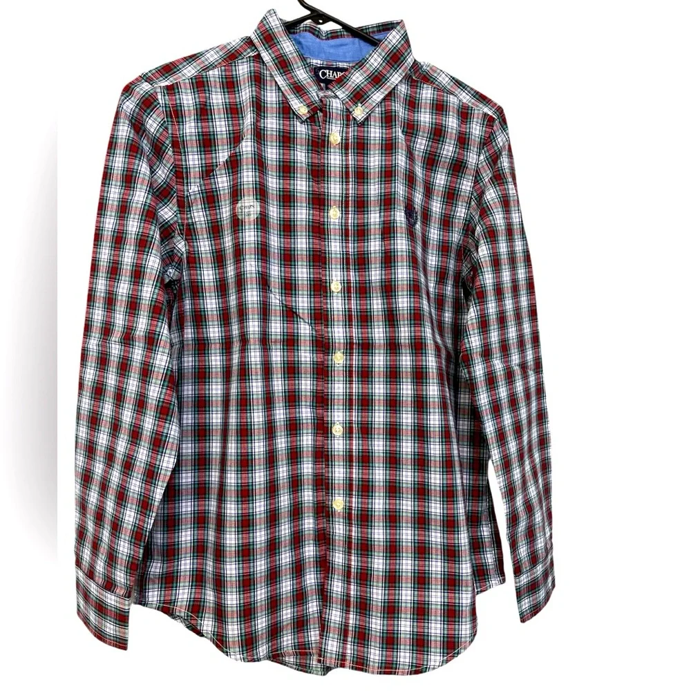 CHAPS NEW Red Green White Plaid Formal Long Sleeve Botton Down Shirt Boys Size L